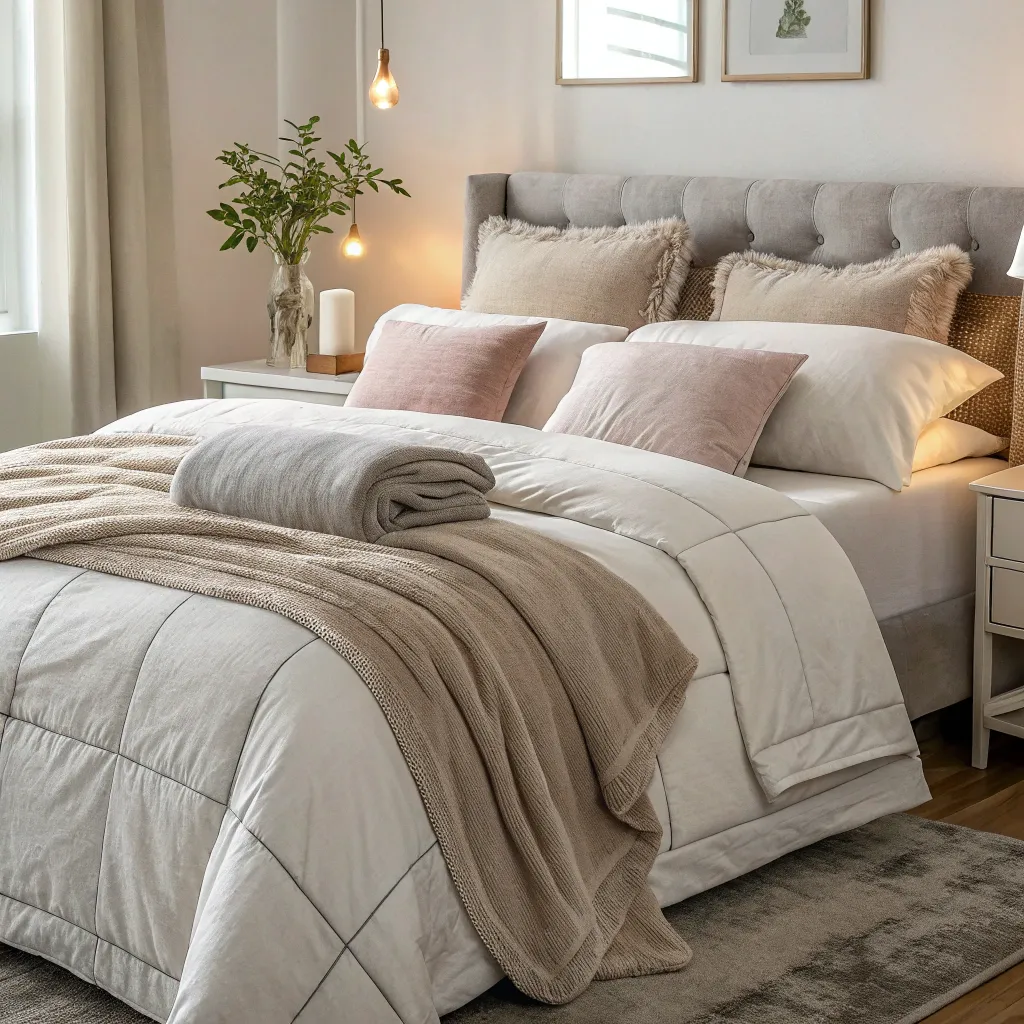 Modern cozy bed setup with pillows and blankets